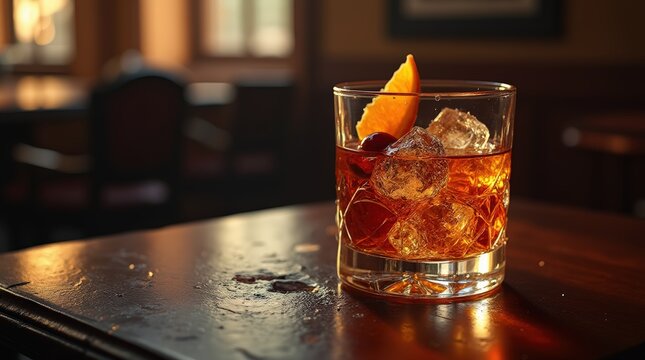 Kr&auml;ftiger, traditioneller Old Fashioned Cocktail mit Orangen und Eis in einer Lounge am Abend