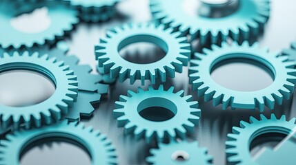 A close-up of turquoise gears interlocking on a reflective surface, symbolizing engineering and mechanical design.
