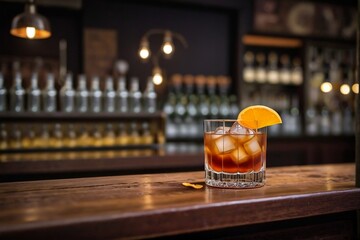 Old-fashioned cocktail with orange peel on a dark vintage bar with copy space.