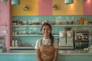 Smiling portrait of a Hispanic woman worker in dessert bar