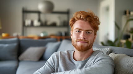 Naklejka premium Young Caucasian man with blond hair, relaxed and sitting on a couch at home.