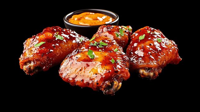 Juicy fried barbecue chicken wings with sauce on a black background.