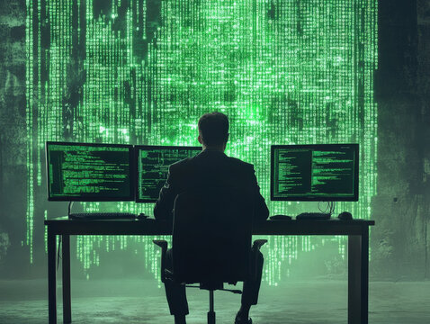 A silhouette of a hacker immersed in green code on multiple screens in a darkened environment - Powered by Adobe