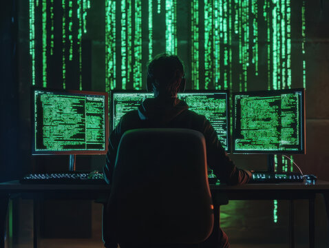 A silhouette of a hacker immersed in green code on multiple screens in a darkened environment - Powered by Adobe