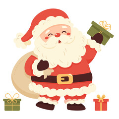 Santa Claus with bag and holfing gift box isolated on white background. Christmas greeting card. Cute cartoon character. Vector illustration.