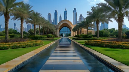 Fototapeta premium A long, reflecting pool leads to a grand building with a curved entrance and a cityscape in the background, with palm trees lining the path on both sides.