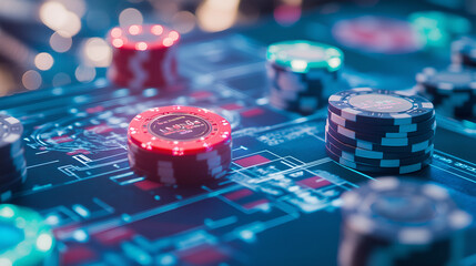 Close-up of poker chips on a high-tech gaming surface, highlighted by neon lights and a digital environment, representing modern gambling