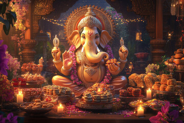 Surrounded by an assortment of traditional Diwali sweets and snacks, Lord Ganesha sits with candles and festive decorations in the backdrop, fostering a warm and inviting ambiance