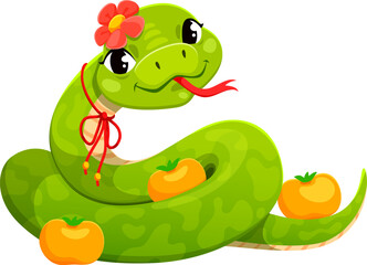 Cartoon green snake character with a sweet smile. 2025 Chinese lunar year reptile wears red ribbon and flower on its head, coiled around several small mandarin fruits with playful and cute expression