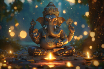 Photograph of Lord Ganesha with a diya (oil lamp) and a bokeh background