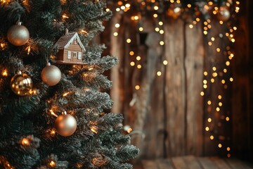 Christmas background with fir tree and lighting lights. Christmas tree decorated with house with garlands and wooden background with generative ai