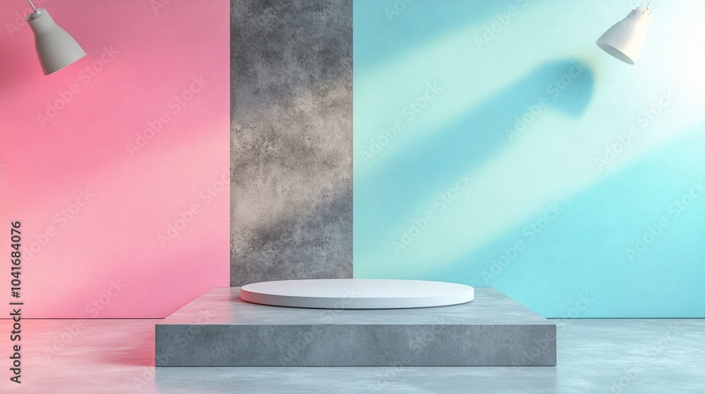 Poster minimalist product display setup featuring a circular platform on concrete pedestal, surrounded by p