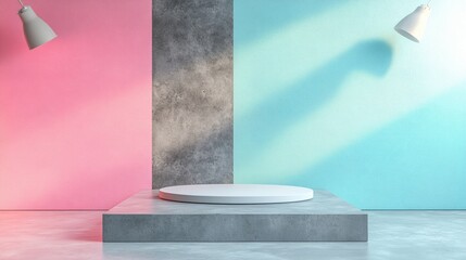 Minimalist product display setup featuring a circular platform on concrete pedestal, surrounded by pink, gray, and teal walls with hanging lamps casting shadows.