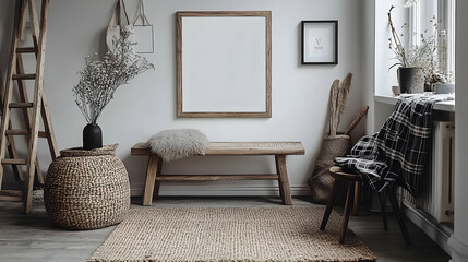 Wooden Bench with Furry Cushion and Woven Basket in a Cozy Room