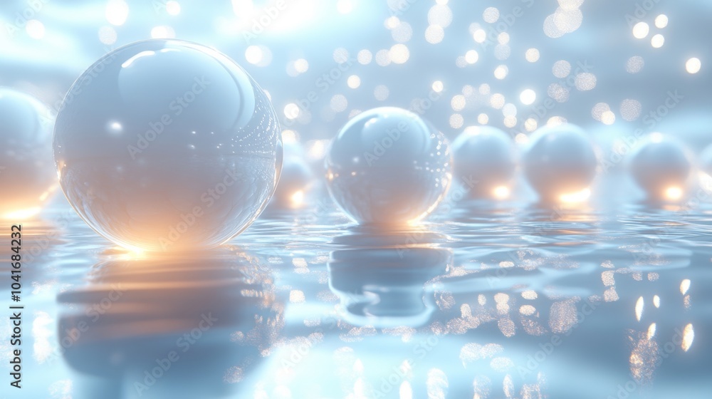 Poster glowing spheres appear to float on calm water, reflecting soft light and creating a peaceful, dreaml