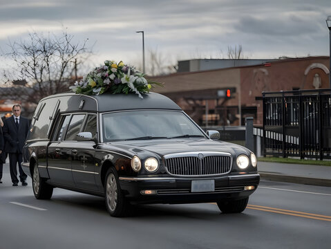 Hearse decorated with flowers in funeral procession on city street