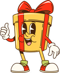 Cartoon groovy Christmas gift box character with a smiling face and thumbs up. Isolated vector retro festive present package with yellow and big red bow celebrates Xmas holiday with funky hippie vibe