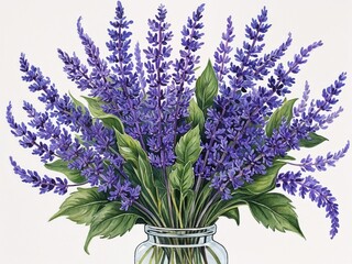 Fototapeta premium Blue and lavender verbena bouquet hand drawn painted painting illustration on plain white background
