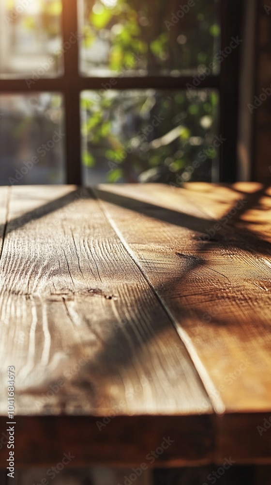 Poster sunlight streams through a window, casting warm shadows on rustic wooden floorboards, creating a coz