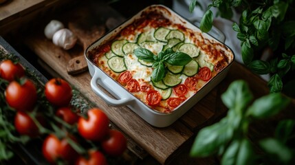 Vegane Lasagne mit frischem Gemüse in weißer Form – ideal für frühlingshafte Küche
