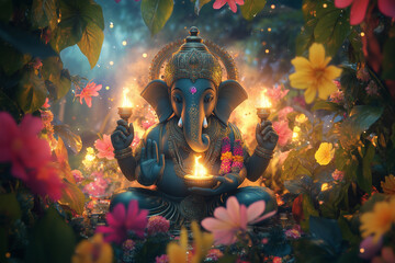  Lord Ganesha sitting on an elegantly decorated table, complemented by bright marigold flowers, colorful rangoli designs, and shimmering fairy lights in the background, embodying the spirit of Diwali 