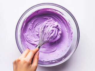 Whipping vibrant purple frosting in a glass bowl for a delightful dessert creation
