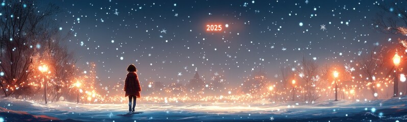 Naklejka premium Snowy night scene with a person standing in the snow, 2025 year