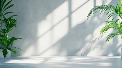 Sunlight casts geometric shadows on a minimalist white wall, creating a serene interplay with lush green palm leaves for a tranquil, tropical ambiance.