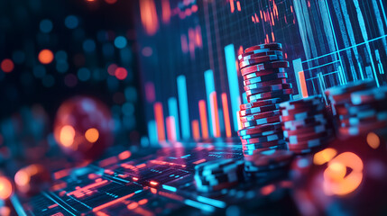 Vibrant poker chips and dynamic financial data charts showcasing economic growth and investment trends