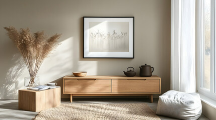 Minimalist Living Room Decor with  Natural Elements & Wooden Furniture