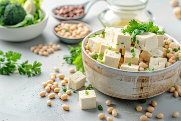 A bowl filled with tofu accompanied by various ingredients, perfect for a healthy meal or recipe illustration