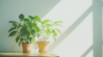 Fototapeta premium Sunlight casts gentle shadows on a mint green wall, illuminating two potted plants with vibrant green leaves, creating a serene indoor garden scene.