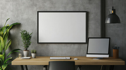 A minimalist home office workspace featuring a modern computer and vibrant greenery in warm light