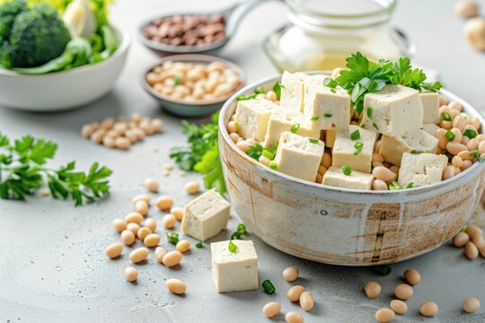 A bowl filled with tofu accompanied by various ingredients, perfect for a healthy meal or recipe illustration