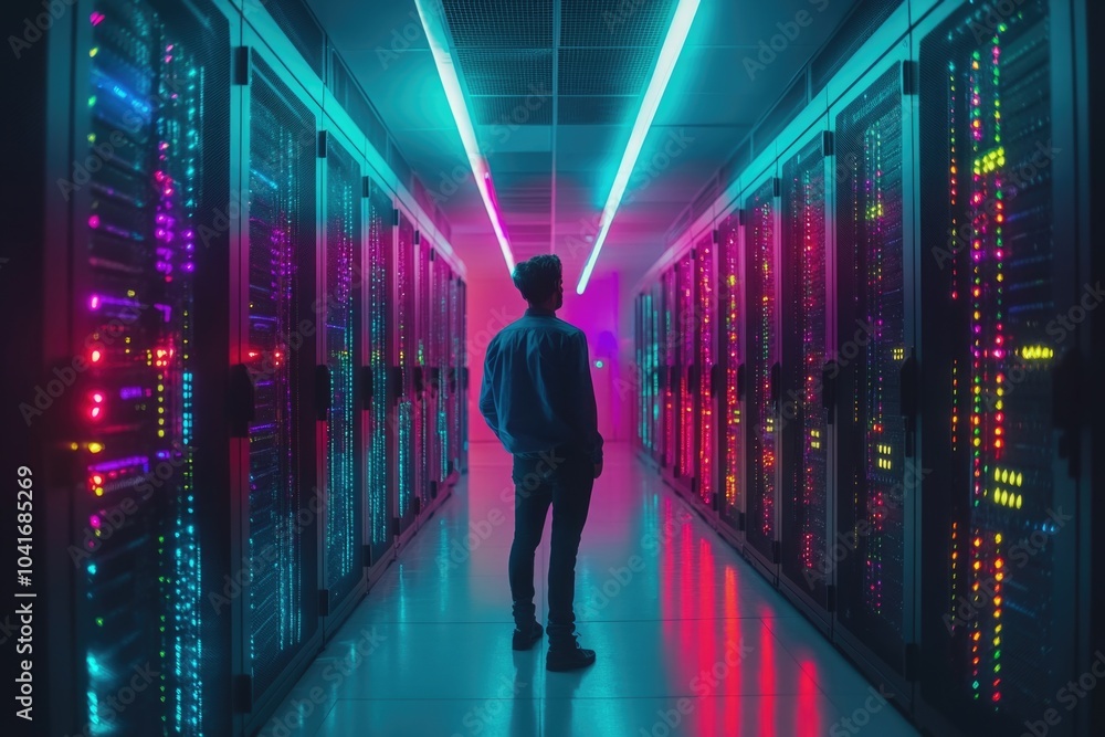 Poster a person stands amidst rows of computer servers and equipment in a data center
