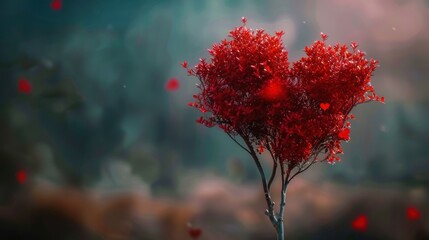 Red heart-shaped tree on a blurred background. Concept of love, romance, and nature. Design for greeting cards and romantic-themed posters.