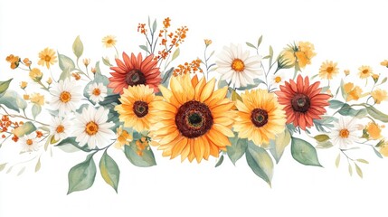 Naklejka premium A colorful floral arrangement featuring sunflowers and daisies set on a clean white backdrop.
