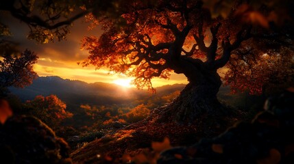 A majestic tree stands tall on a hilltop, bathed in the warm glow of a sunset. The leaves are ablaze with color, creating a breathtaking scene.