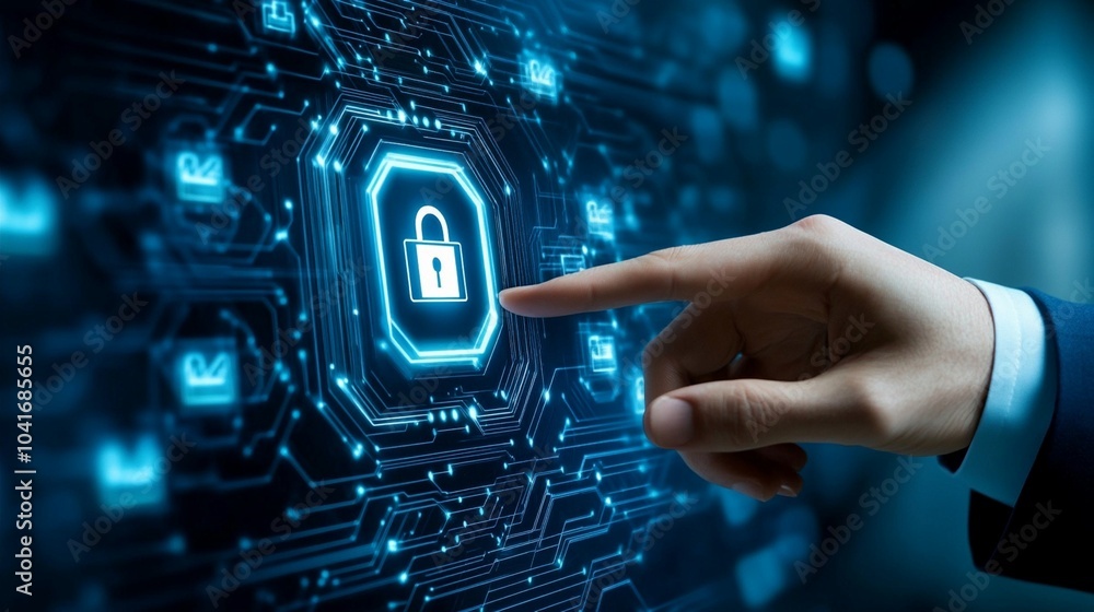 Poster futuristic cybersecurity concept: businessman's hand pointing at glowing padlock icon on digital int