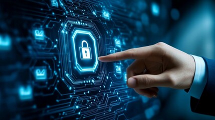 Futuristic cybersecurity concept: businessman's hand pointing at glowing padlock icon on digital interface, symbolizing data protection in virtual space.