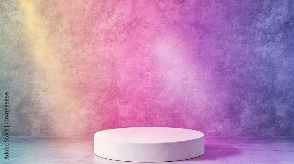 Aufkleber vibrant rainbow gradient backdrop illuminates a minimalist white circular podium, creating a dreamy,