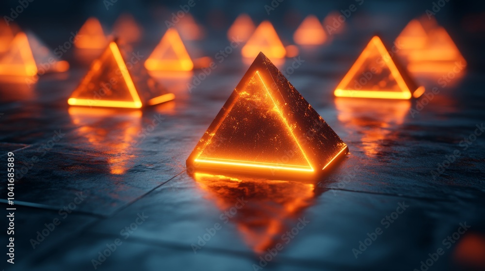 Poster The setting features multiple glowing orange pyramids on a smooth reflective surface, casting vibrant reflections in a dark, mysterious environment.