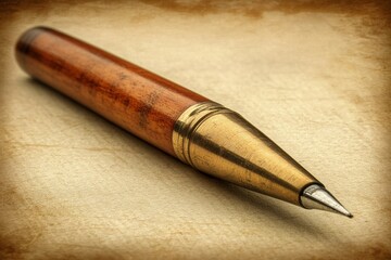 Antique Brass Wood Pencil on Vintage Paper Background Stationery Writing Old Close