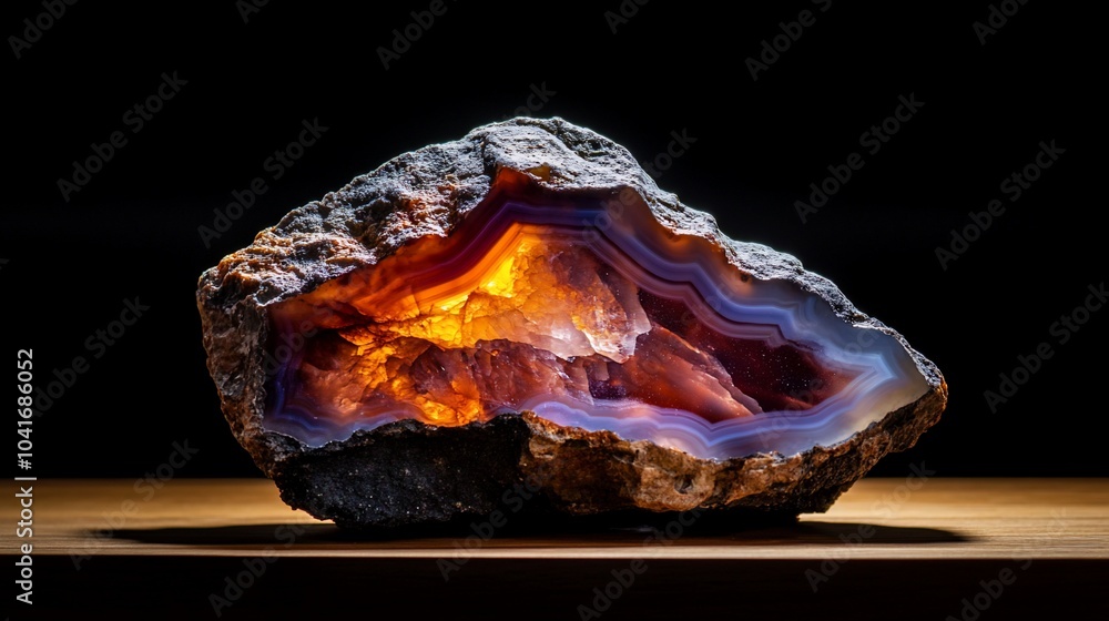 Aufkleber a close-up of a raw agate geode with a warm glow emanating from its center.
