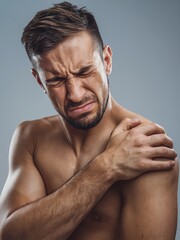 Fototapeta premium “Man Experiencing Shoulder Pain - Portrait of Discomfort and Muscle Strain”