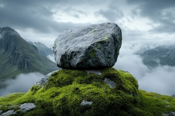 A massive rock crowned with patches of lichen and moss dominates a mist-shrouded hilltop in an alpine setting, representing strength and endurance in nature.