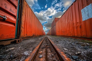 Obraz premium Narrow train track between two red shipping containers