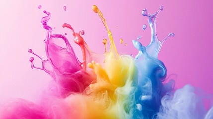Vibrant explosion of colorful liquid splashes against a pink background, creating a dynamic and mesmerizing rainbow effect of paint or ink in motion.