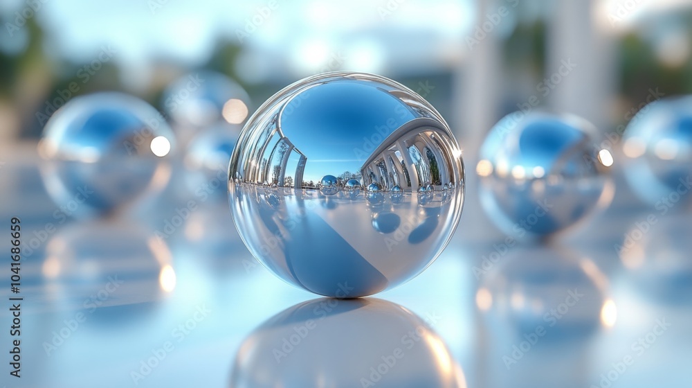 Poster A collection of spherical objects reflects surrounding architecture, capturing sunlight and providing a stunning visual effect in an open space.