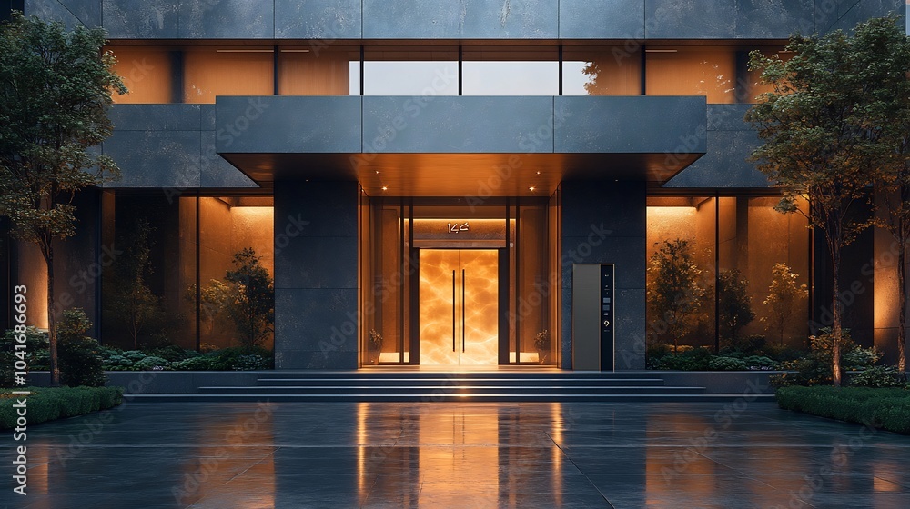 Poster sleek front door with innovative materials and a smart locking system standing tall in a contemporar